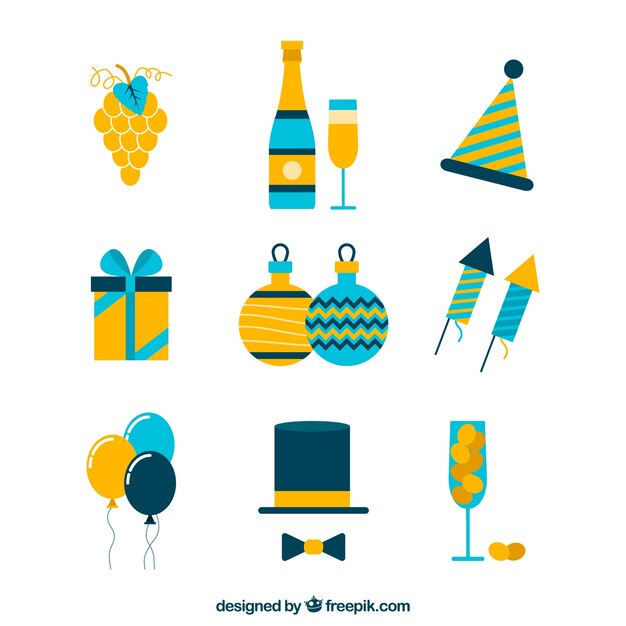 Collection d&#39;éléments de fête de nouvel an en jaune et bleu