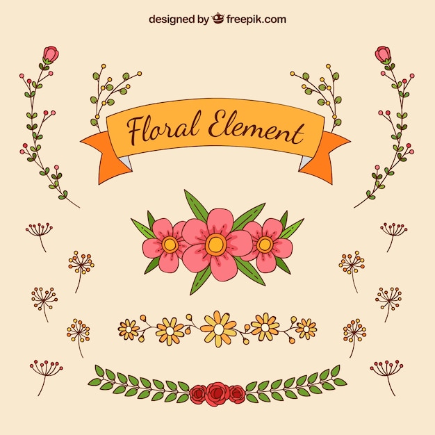 Vecteur gratuit collection d'éléments floraux dessinés à la main belle