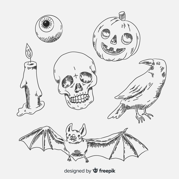 Collection d'éléments halloween dessinés à la main réaliste