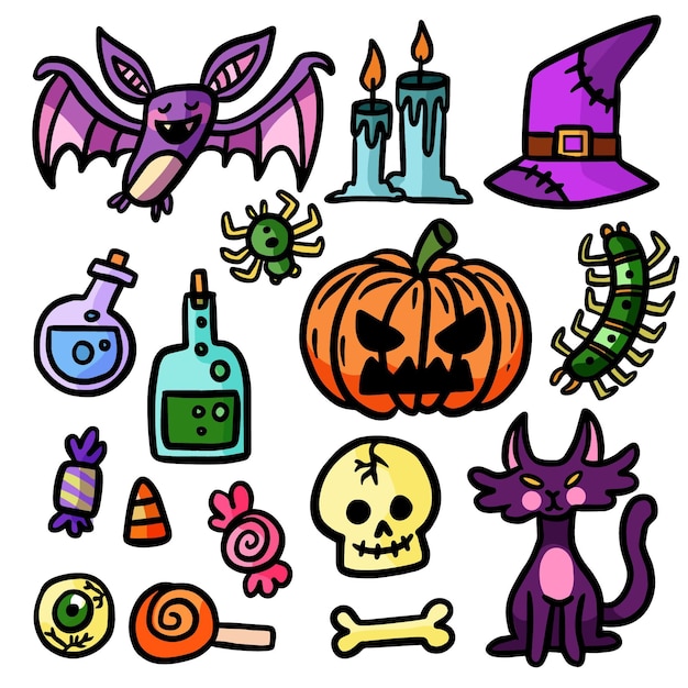 Vecteur gratuit collection d'éléments d'halloween dessinés à la main