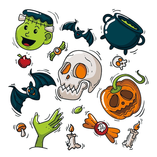 Vecteur gratuit collection d'éléments d'halloween dessinés à la main