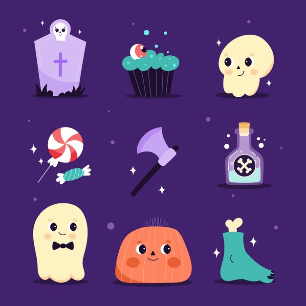 Collection d'éléments halloween plats dessinés à la main