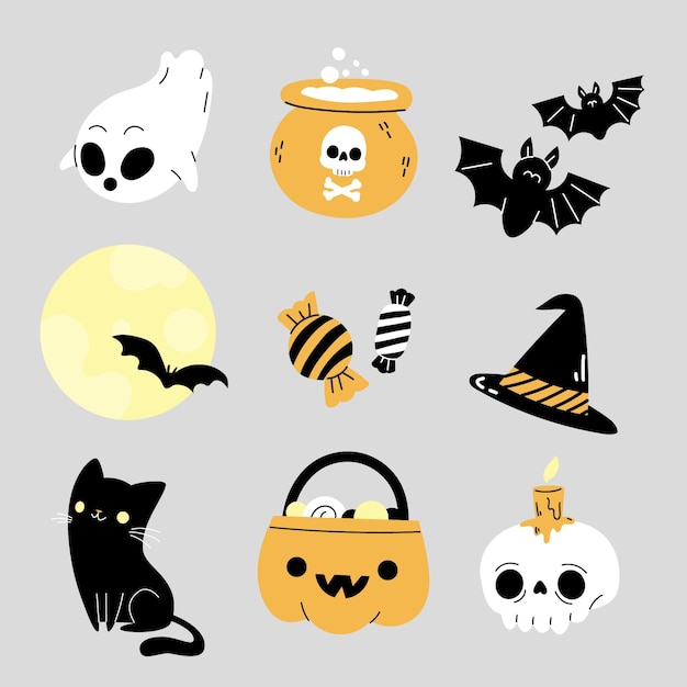 Collection d'éléments halloween plats dessinés à la main