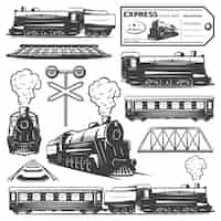 Vecteur gratuit collection d'éléments de locomotive monochromes vintage