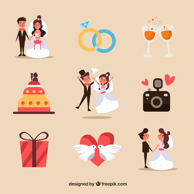 Vecteur gratuit collection d'éléments de mariage drôle