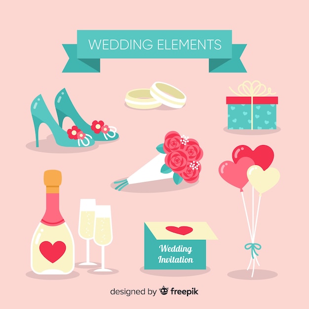 Vecteur gratuit collection d'éléments de mariage plats