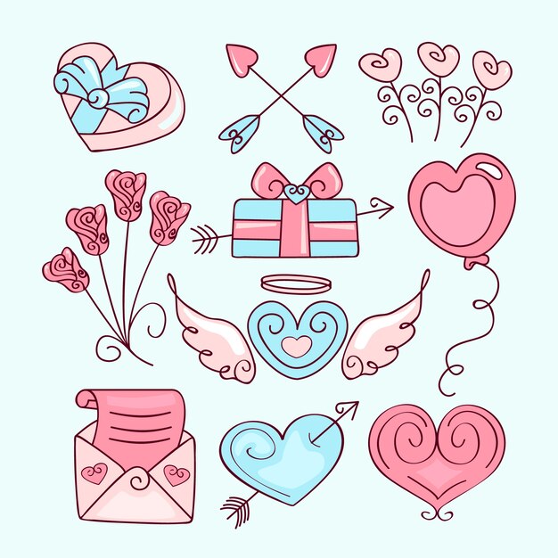 Collection d'éléments mignons dessinés à la main pour la Saint-Valentin