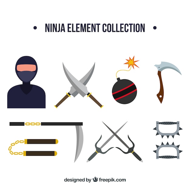 Collection d&#39;éléments Ninja avec un design plat