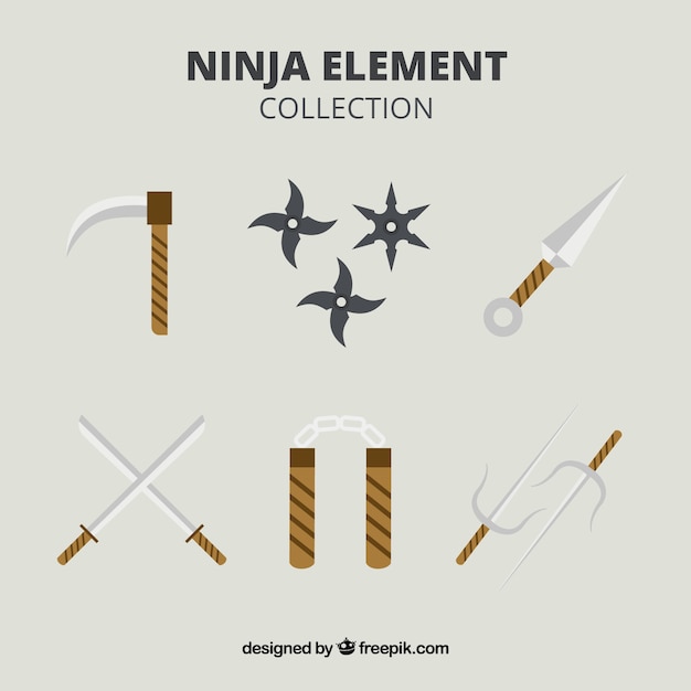Vecteur gratuit collection d'éléments ninja traditionnelle avec un design plat