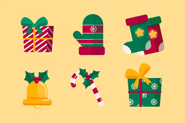 Collection d'éléments de noël plats dessinés à la main