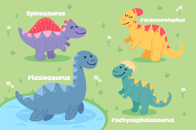 Vecteur gratuit collection d'éléments de noms de dinosaures dessinés à la main