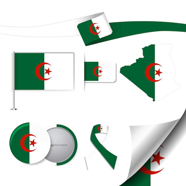 Collection D'éléments De Papeterie Avec Le Drapeau De La Conception D'algérie