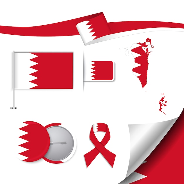 Collection d&#39;éléments de papeterie avec le drapeau de la conception de Bahreïn