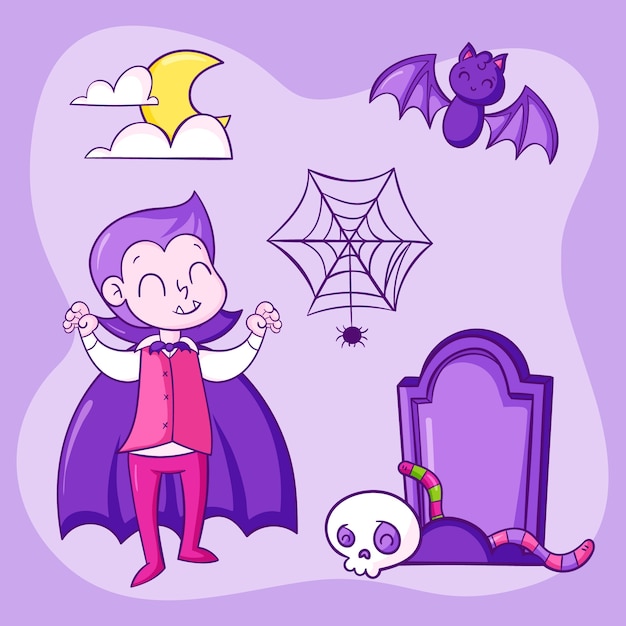 Vecteur gratuit collection d'éléments de personnage d'halloween dessinés à la main