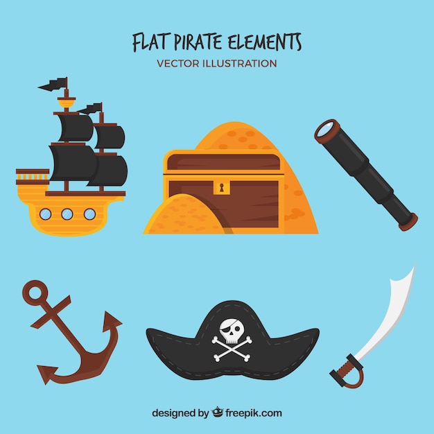 Vecteur gratuit collection d'éléments pirate plat typique