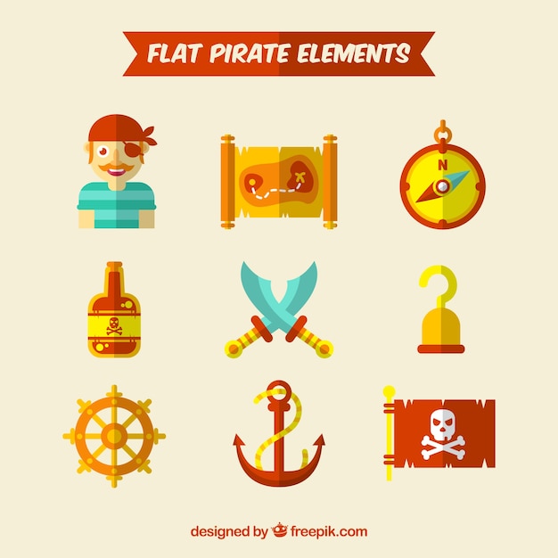 Vecteur gratuit collection d'éléments pirate plat