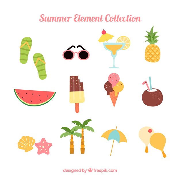 Collection d&#39;éléments de plage avec des vêtements dans un style dessiné à la main