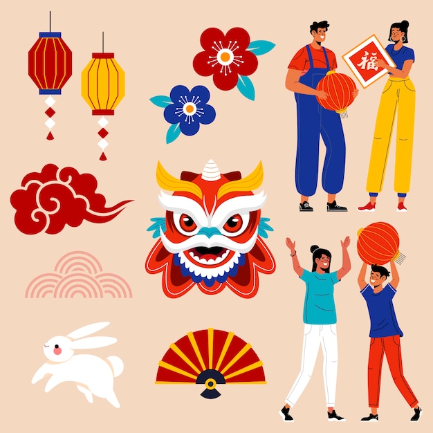 Collection D'éléments Plats De Célébration Du Nouvel An Chinois