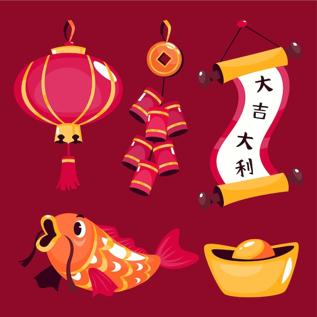 Vecteur gratuit collection d'éléments plats du nouvel an chinois
