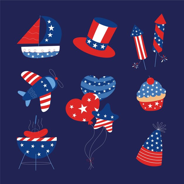 Collection d'éléments plats pour la fête américaine du 4 juillet