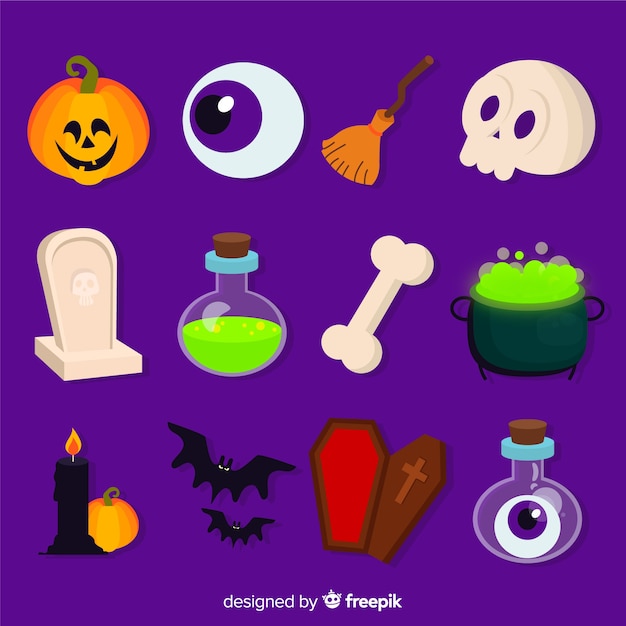 Vecteur gratuit collection d'éléments pour décors plats d'halloween