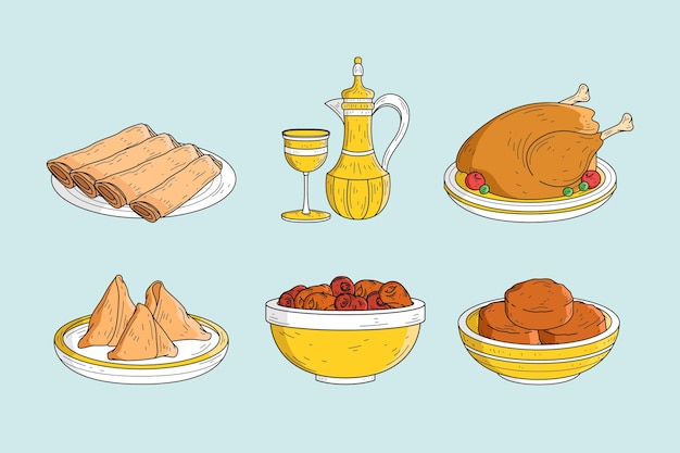 Vecteur gratuit collection d'éléments de repas iftar dessinés à la main