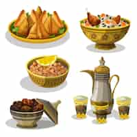 Vecteur gratuit collection d'éléments de repas iftar dessinés à la main