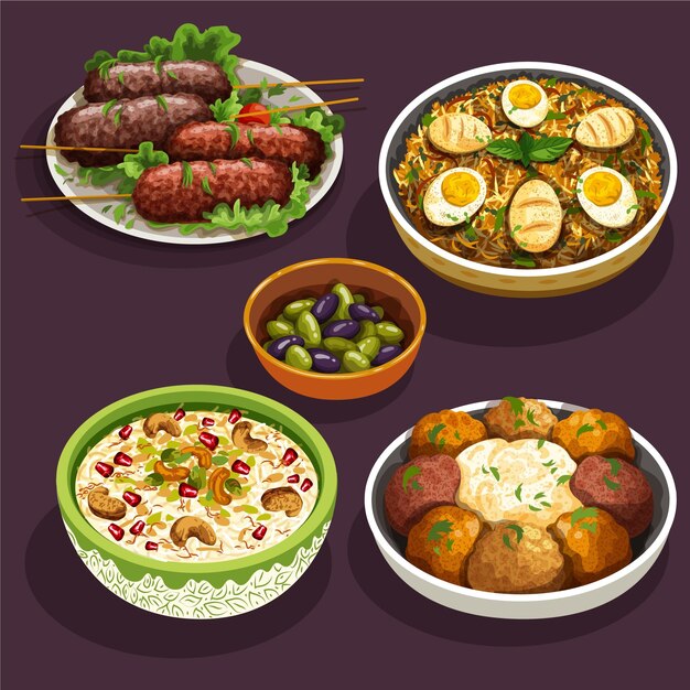 Collection d'éléments de repas iftar dessinés à la main