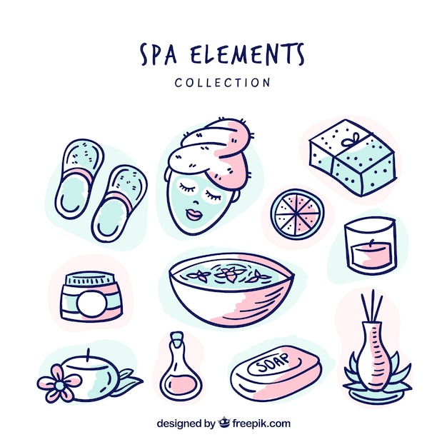 Vecteur gratuit collection d'éléments de spa aux liquides aromatiques