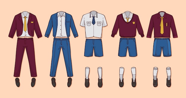 Vecteur gratuit collection d'éléments d'uniformes scolaires dessinés à la main