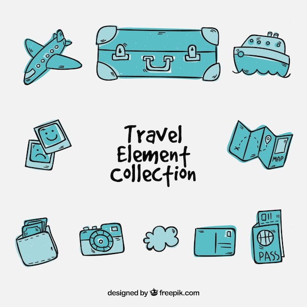 Vecteur gratuit collection d'éléments de voyage dans un style dessiné à la main