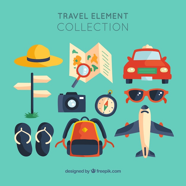 Vecteur gratuit collection d'éléments de voyage avec un design plat