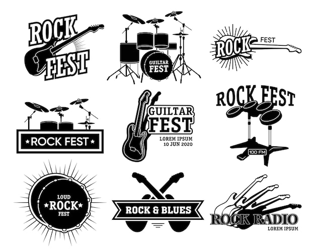 Vecteur gratuit collection d'emblèmes rétro de musique rock. illustrations isolées monochromes de guitare et batterie, rock fest et texte radio. pour l'annonce de concert, les modèles d'affiche de groupe de blues