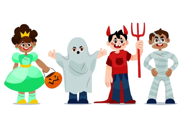 Vecteur gratuit collection d'enfants d'halloween dessinés à la main
