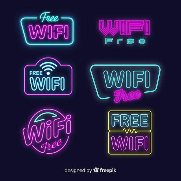 Vecteur gratuit collection de enseignes wifi gratuite au néon