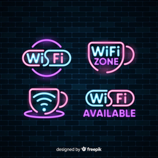 Vecteur gratuit collection de enseignes wifi gratuite au néon