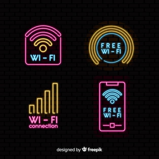 Vecteur gratuit collection de enseignes wifi gratuite au néon