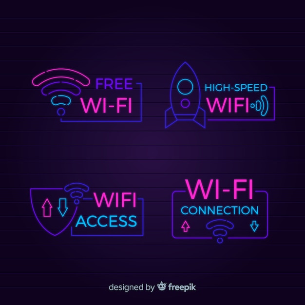 Vecteur gratuit collection de enseignes wifi gratuite au néon