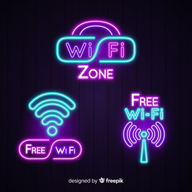 Vecteur gratuit collection de enseignes wifi gratuite au néon