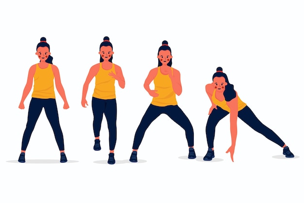 Collection d'étapes de remise en forme de danse dessinés à la main avec des gens
