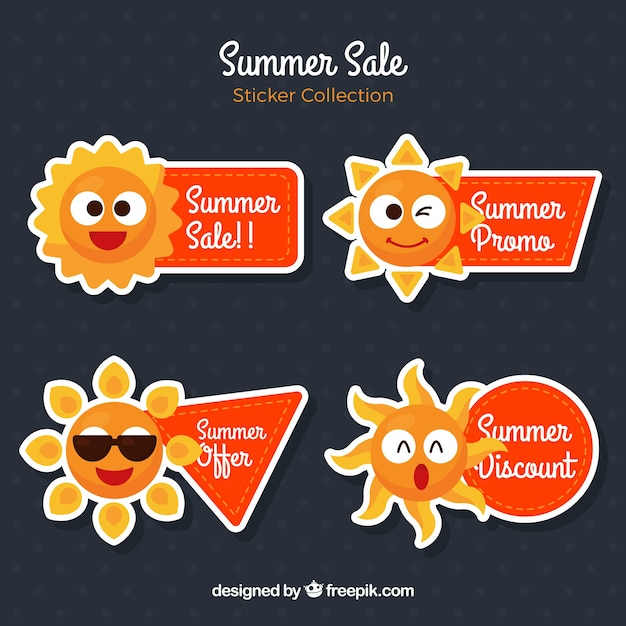 Vecteur gratuit collection de l'étiquette de vente d'été avec un beau soleil