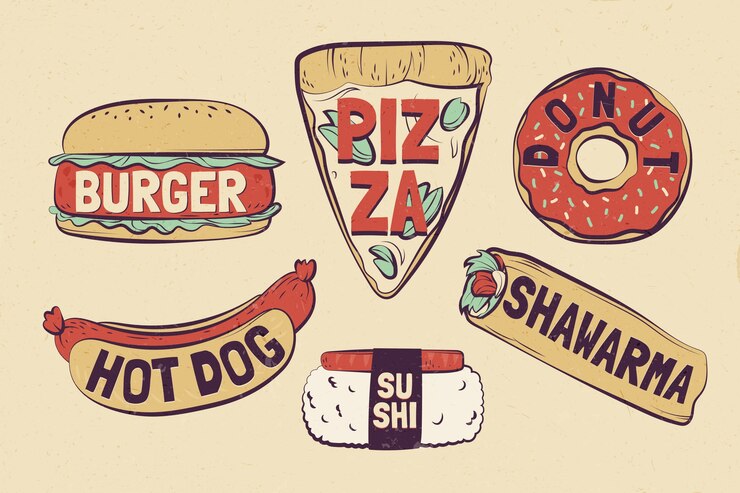 Vecteur gratuit collection d'étiquettes alimentaires dessinées à la main
