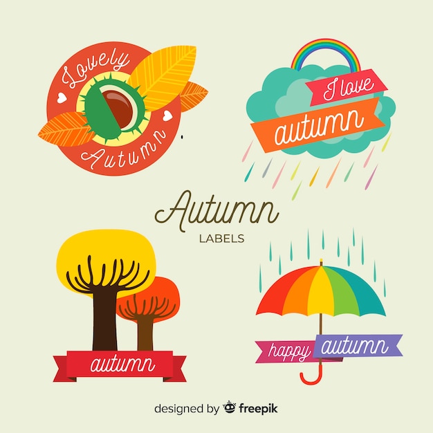 Vecteur gratuit collection d'étiquettes d'automne coloré avec des feuilles