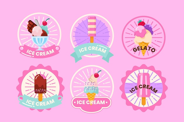 Vecteur gratuit collection d'étiquettes de crème glacée plate