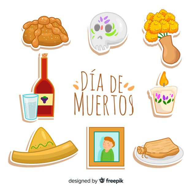 Collection d'étiquettes dia de muertos design plat