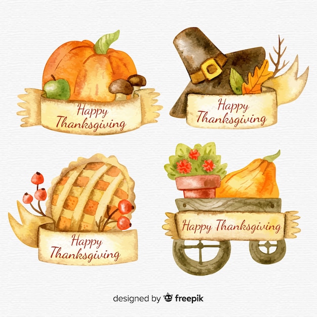 Collection d&#39;étiquettes du jour de Thanksgiving à l&#39;aquarelle