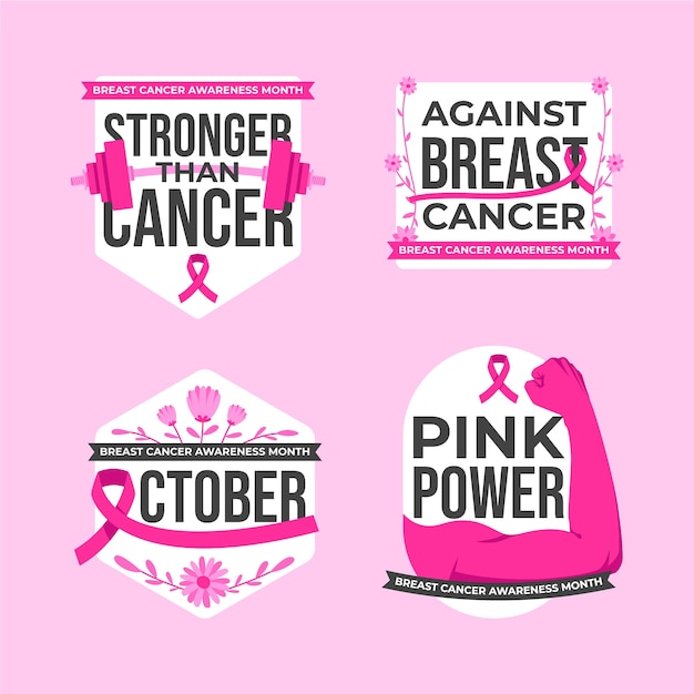 Vecteur gratuit collection d'étiquettes du mois de sensibilisation au cancer du sein plat