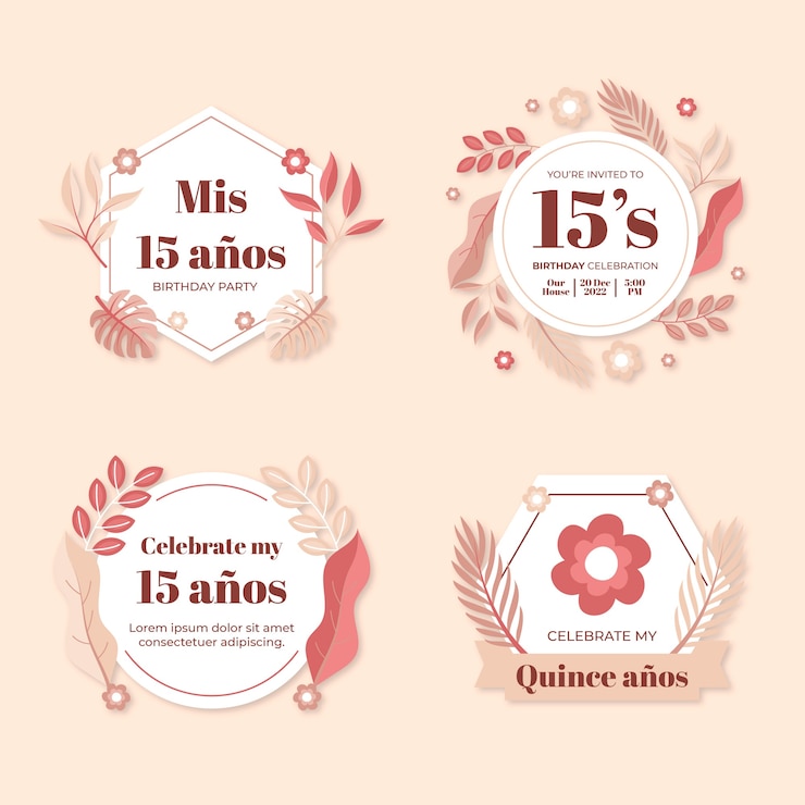 Vecteur gratuit collection d'étiquettes florales quinceañera design plat