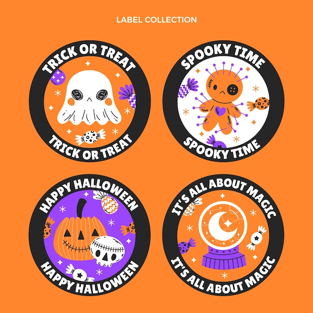 Vecteur gratuit collection d'étiquettes halloween plates dessinées à la main
