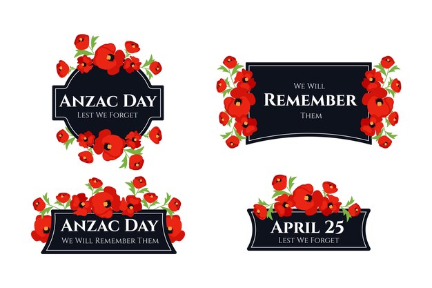 Collection d'étiquettes de jour anzac dessinées à la main